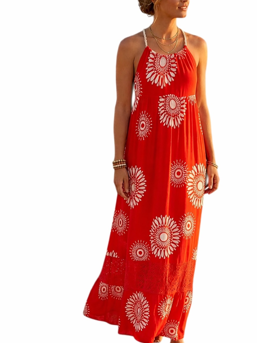 ROXY Red White Floral Sunflower Flower Summer Dress Shift Neck Tie Moo Moo Large